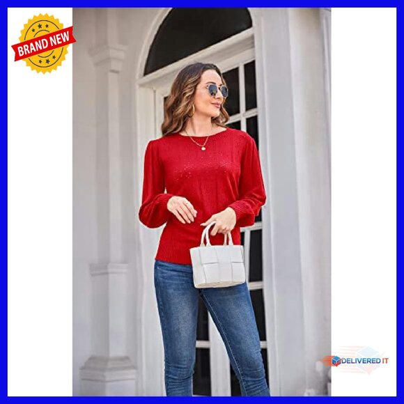 Long Lantern Sleeve Crochet Pullover Sweater Hollow Out Knit Top - Picture 4 of 8